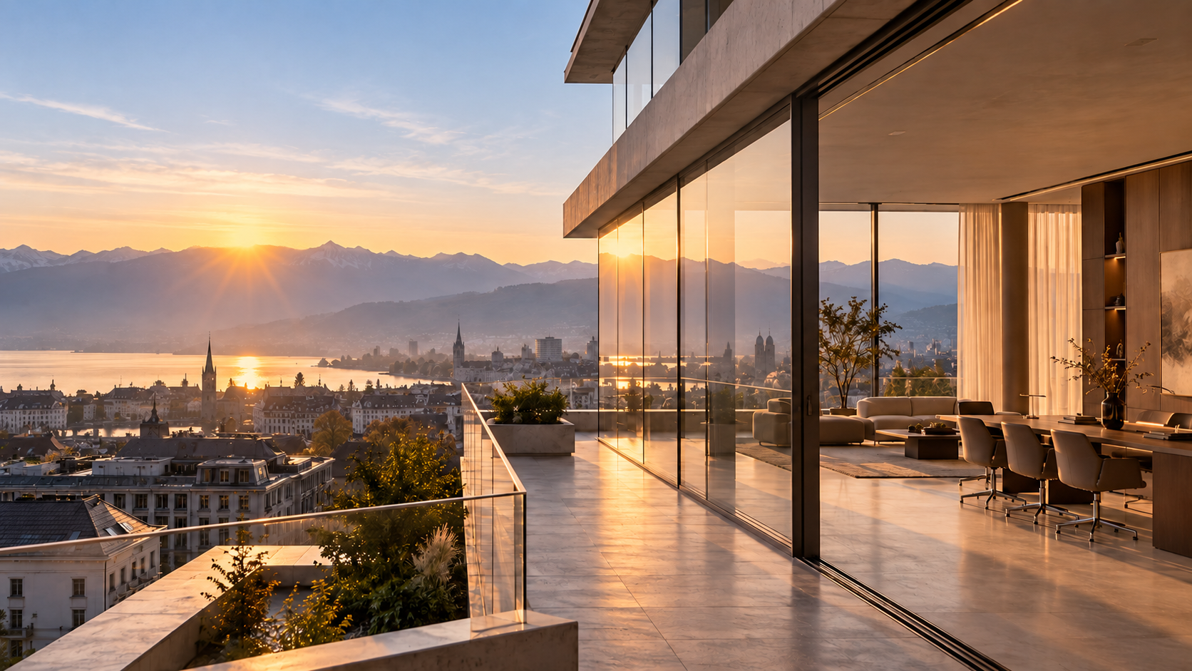 Terrasse d'un bureau contemporain surplombant Lausanne et le lac au coucher du soleil