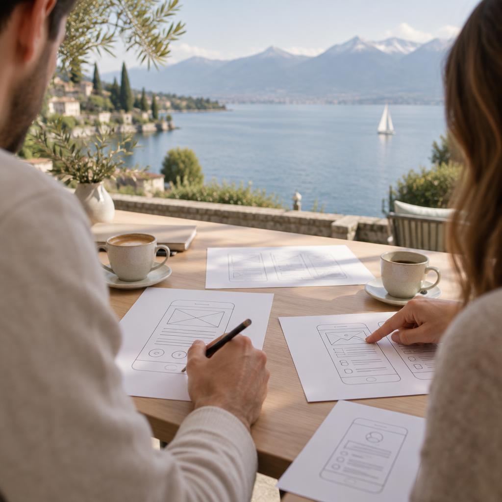 Une main qui dessine des écrans d'application au crayon sur de grandes feuilles, avec le lac Léman en arrière-plan